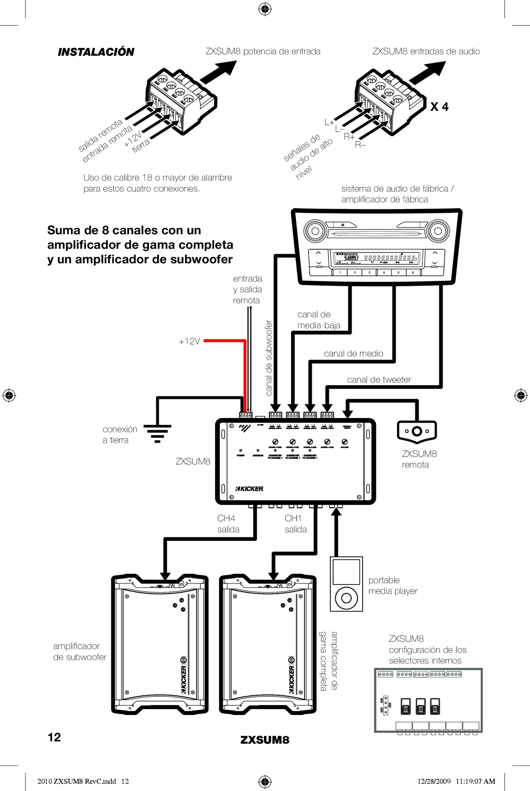 Kicker manual Instalación, ZXSUM8 potencia de entrada, Conexión a tierra 