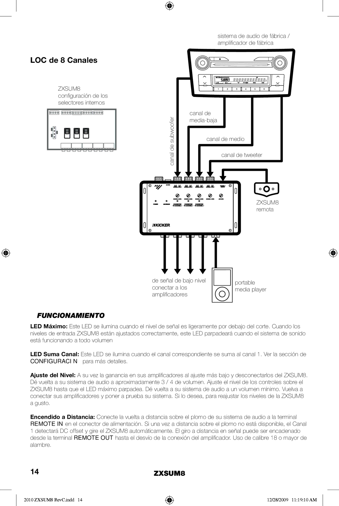 Kicker ZXSUM8 manual LOC de 8 Canales, Funcionamiento, Canal de subwoofer, Ampliﬁ cadores 