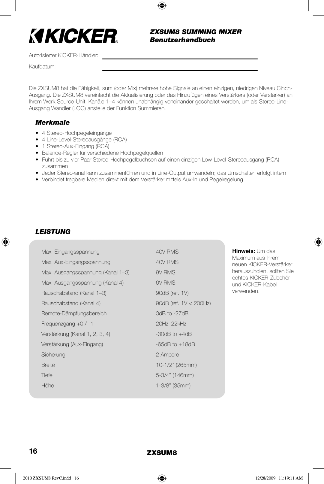 Kicker manual ZXSUM8 Summing Mixer, Leistung 