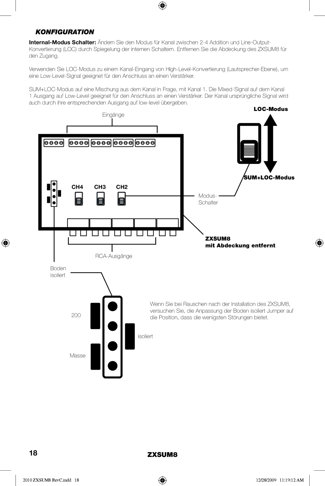 Kicker ZXSUM8 manual Konfiguration, RCA-Ausgänge Boden isoliert, Modus Schalter, Isoliert Masse 