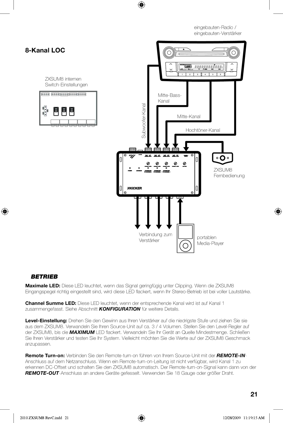 Kicker manual Kanal LOC, Betrieb, ZXSUM8 internen Switch-Einstellungen Subwoofer-Kanal 