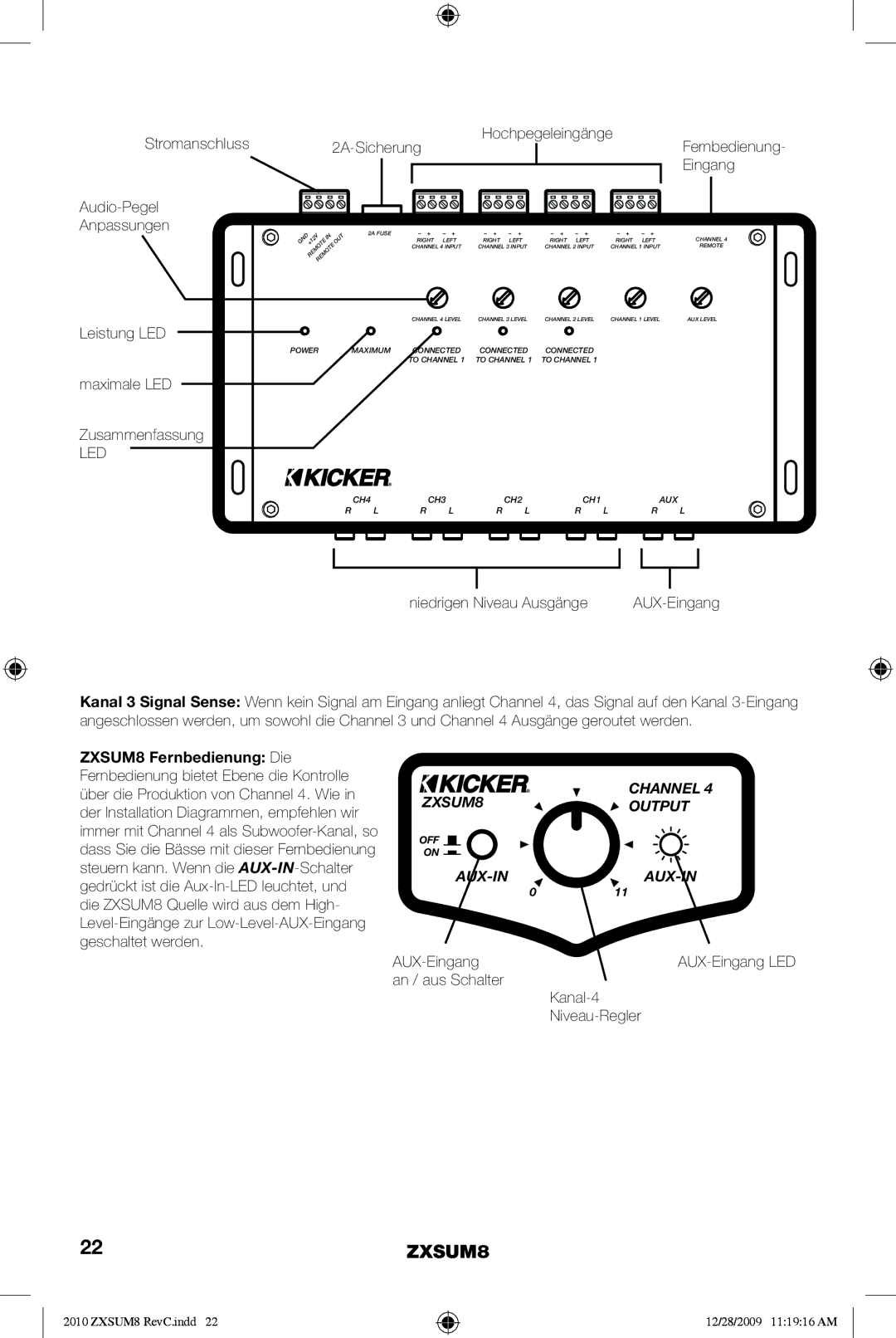 Kicker ZXSUM8 Stromanschluss2A-Sicherung Audio-Pegel Anpassungen, Hochpegeleingänge, Eingang, Maximale LED Zusammenfassung 