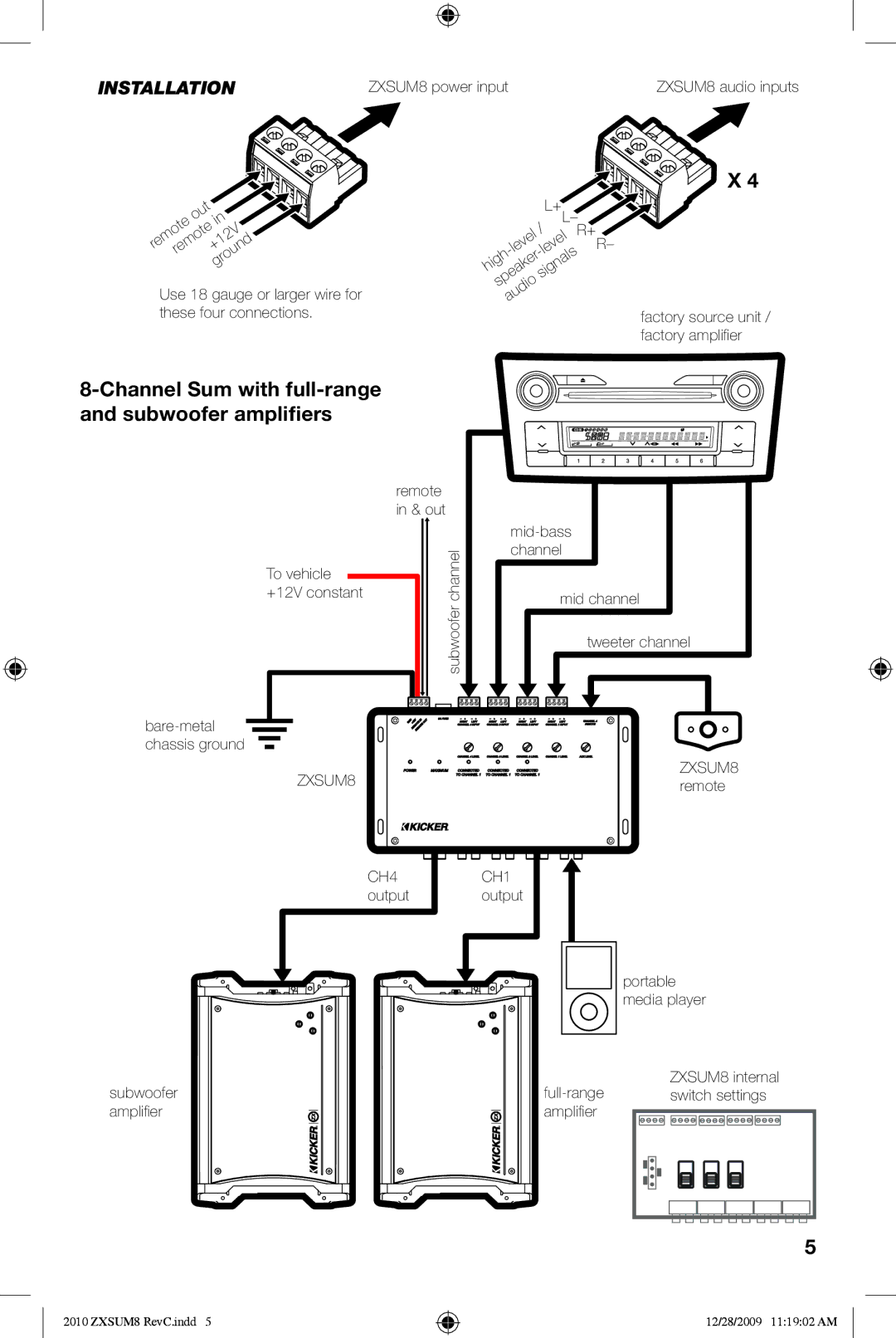 Kicker ZXSUM8 manual Channel Sum with full-range and subwoofer ampliﬁers, Installation 