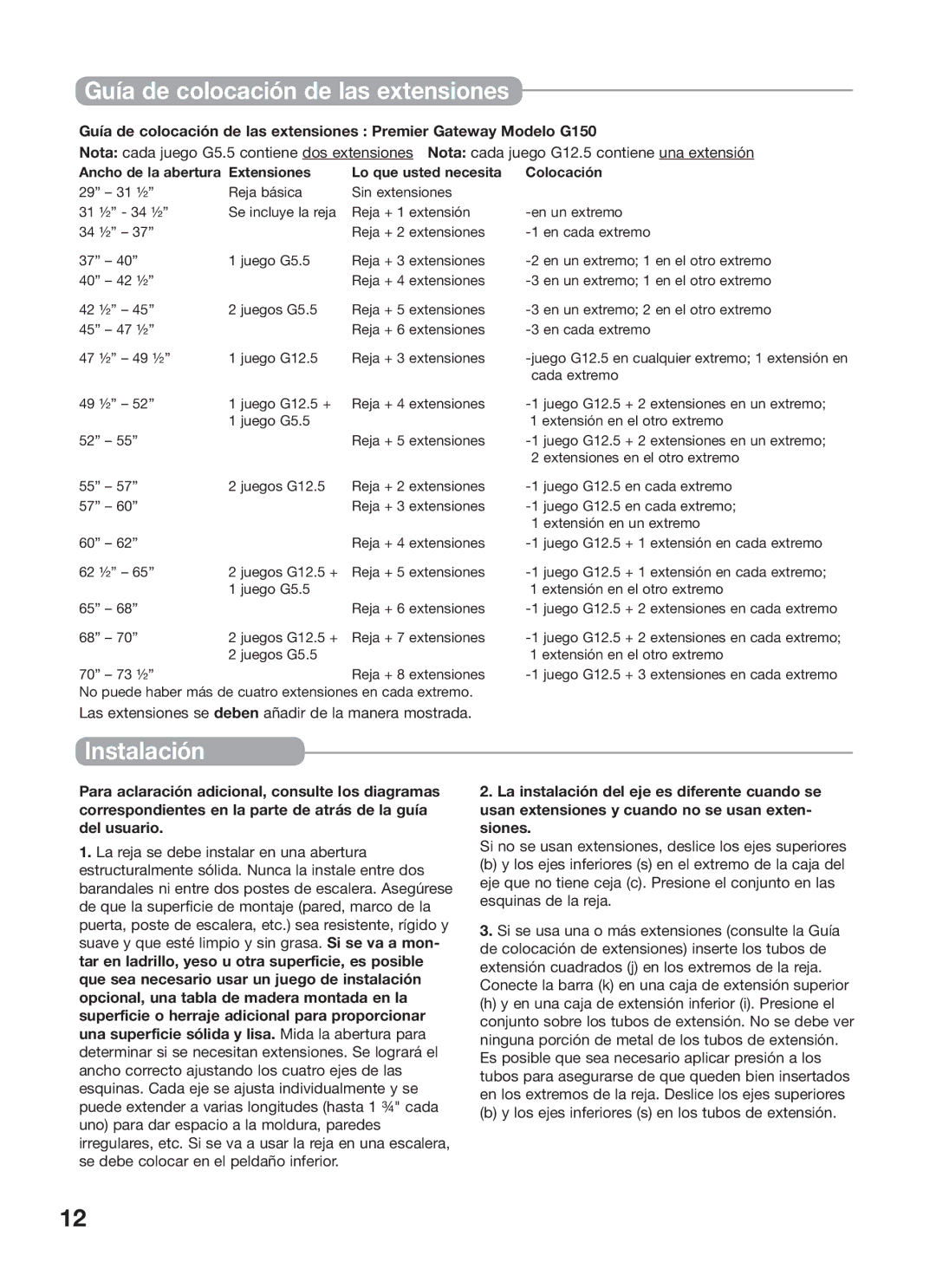 Kidco G150 manual Guía de colocación de las extensiones, Instalación 