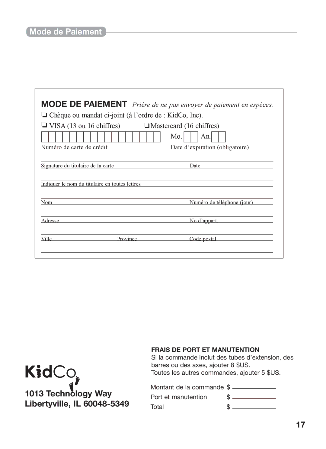 Kidco G150 manual Mode de Paiement, Numéro de carte de crédit Date d’expiration obligatoire 