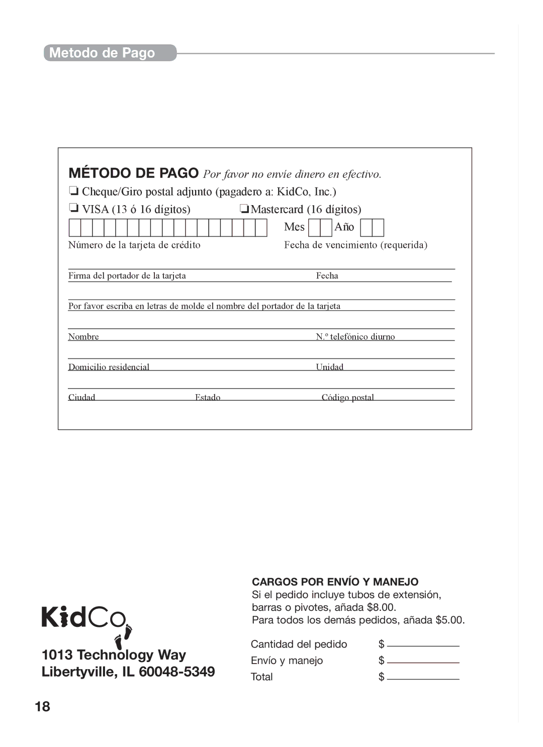 Kidco G150 manual Metodo de Pago, Método DE Pago Por favor no envíe dinero en efectivo 