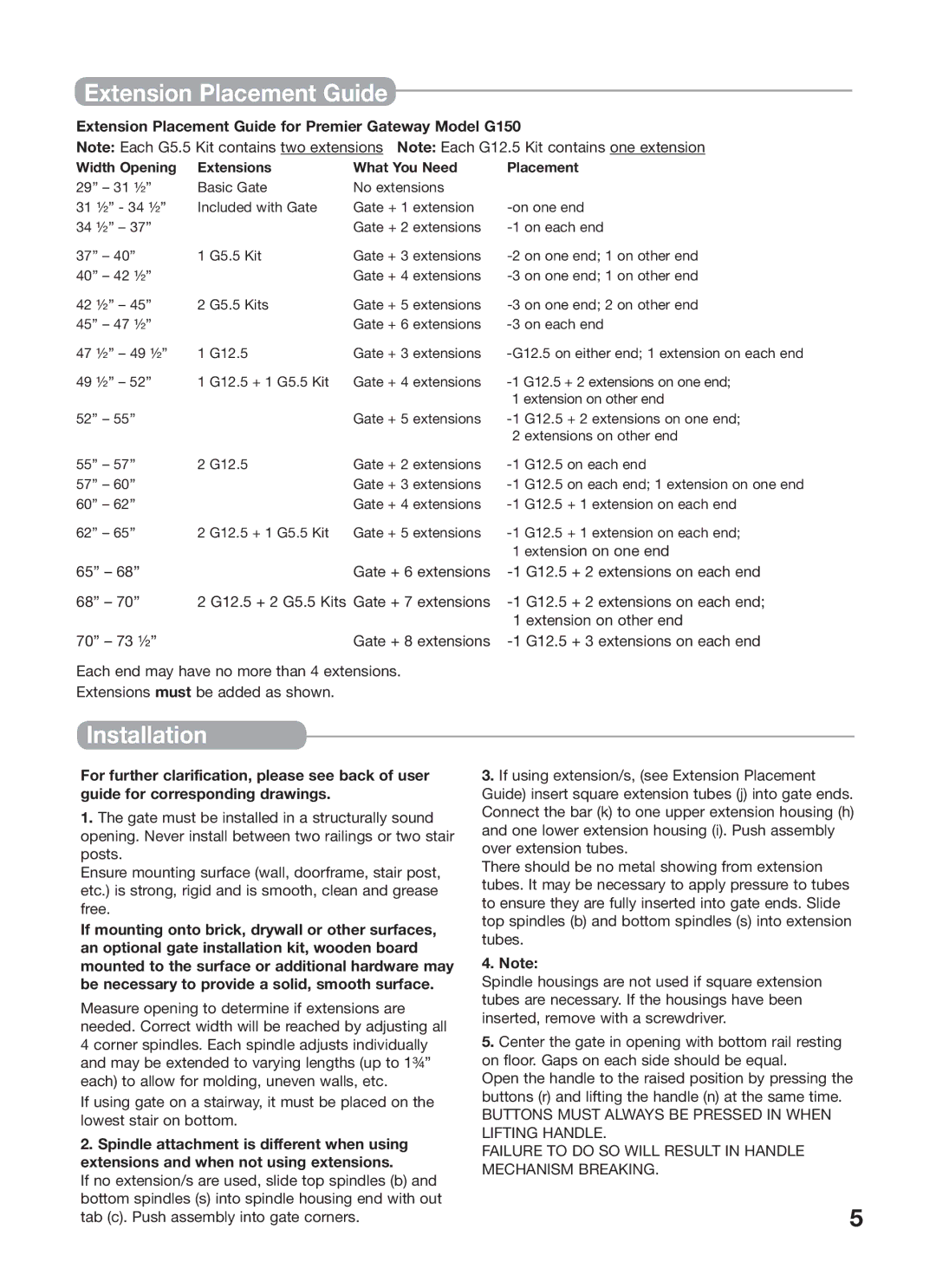 Kidco manual Installation, Extension Placement Guide for Premier Gateway Model G150 