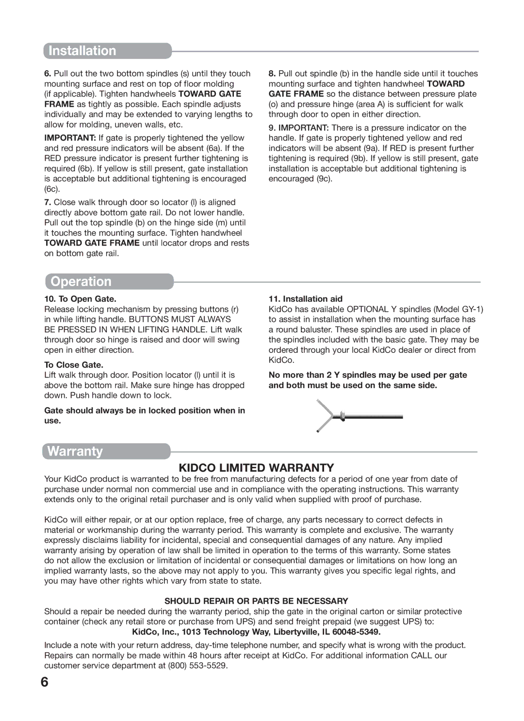 Kidco G150 manual Operation, Warranty 