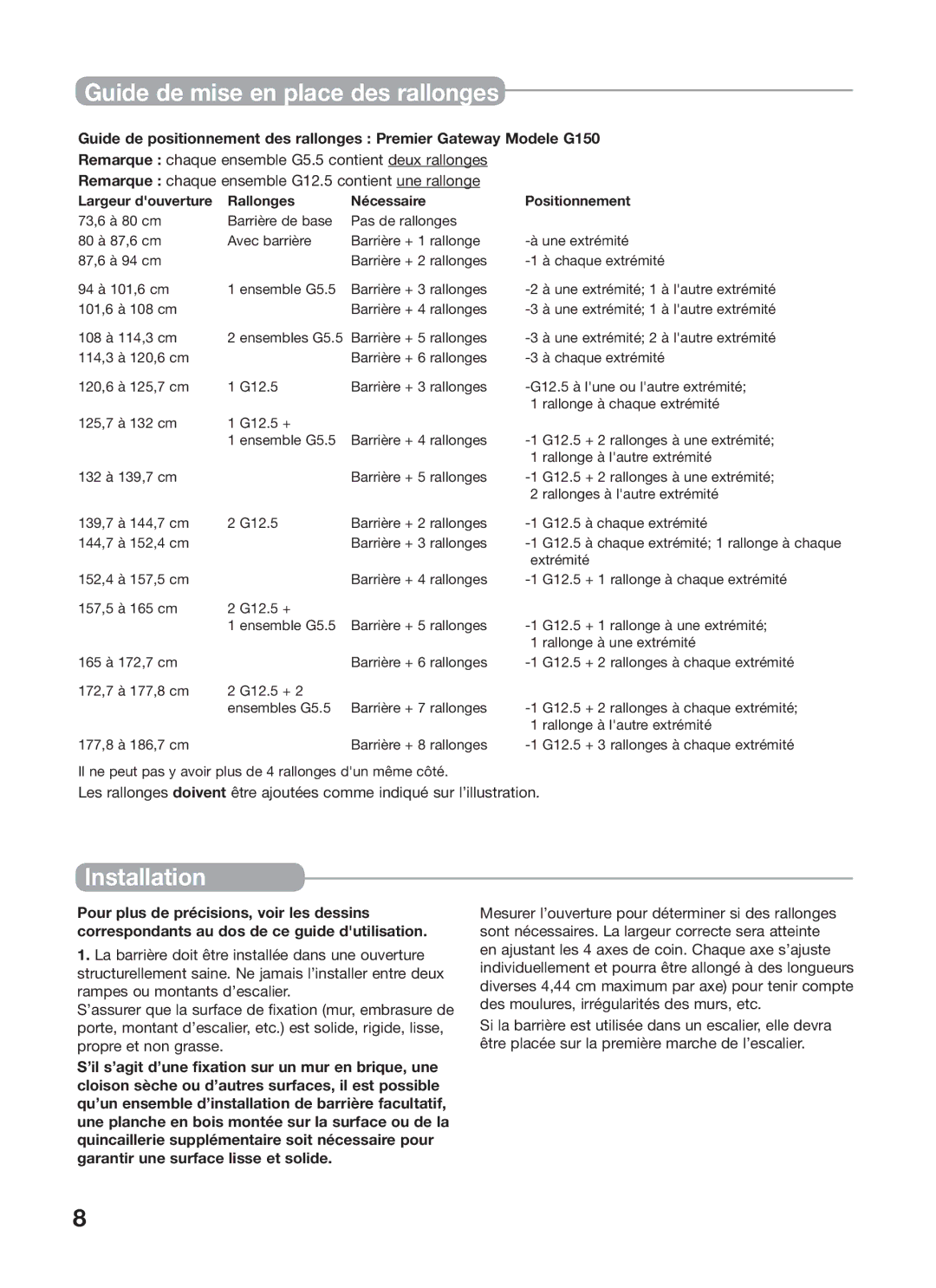 Kidco G150 manual Guide de mise en place des rallonges, Largeur douverture Rallonges Nécessaire Positionnement 