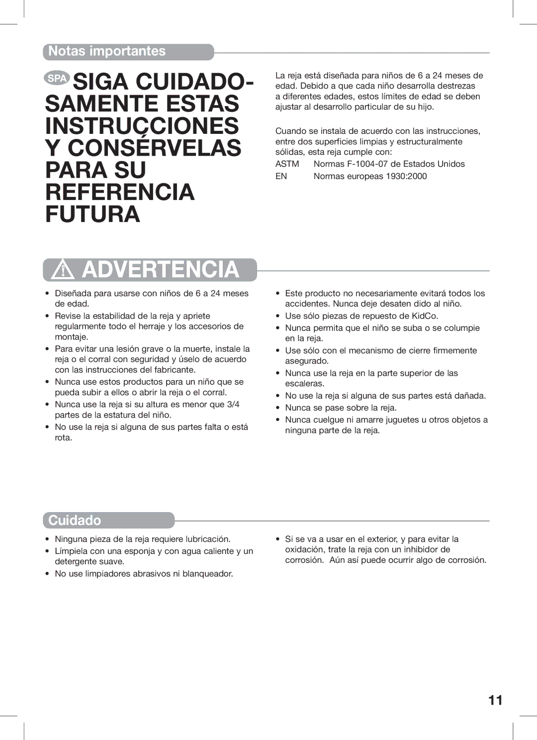 Kidco G16a, G15d manual Notas importantes, Cuidado 