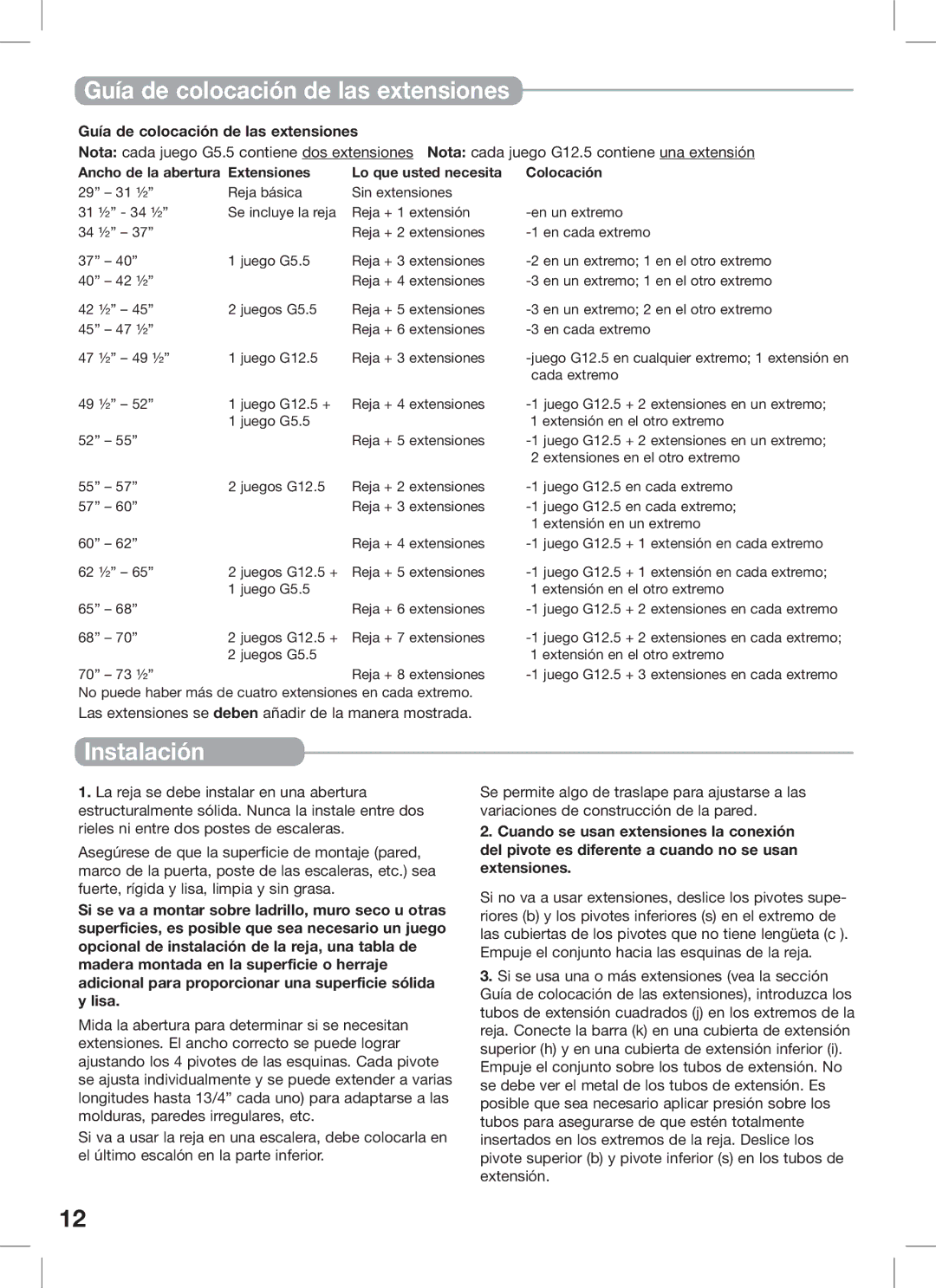 Kidco G15d, G16a manual Guía de colocación de las extensiones, Instalación 