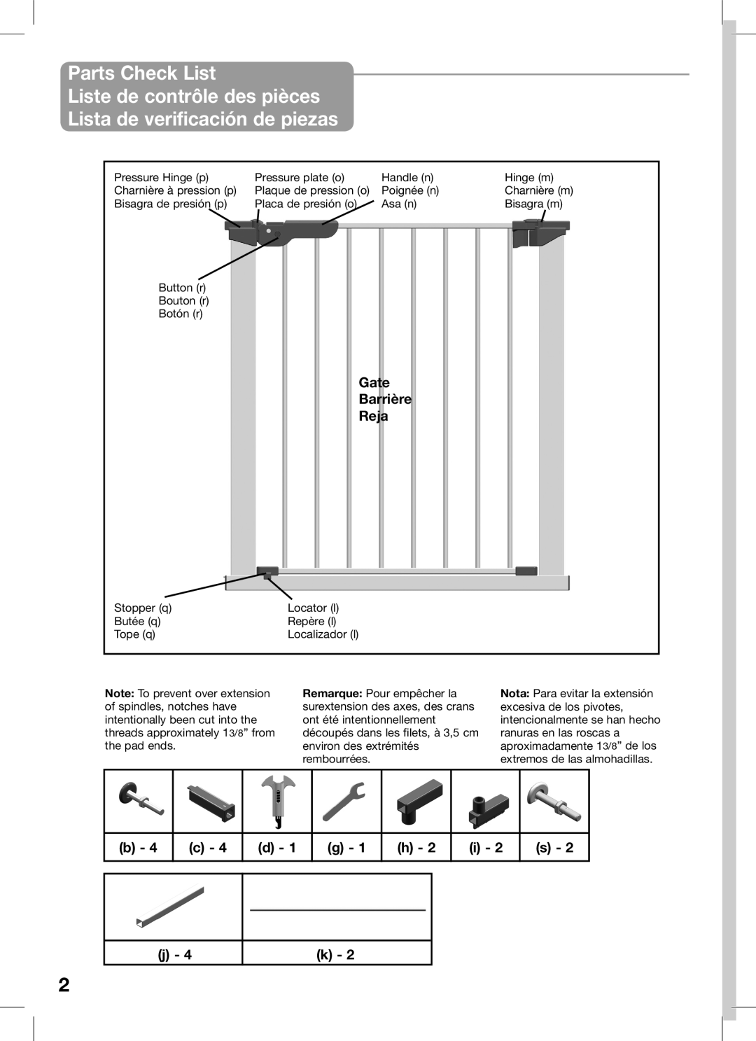 Kidco G15d, G16a manual Parts Check List, Gate Barrière Reja 