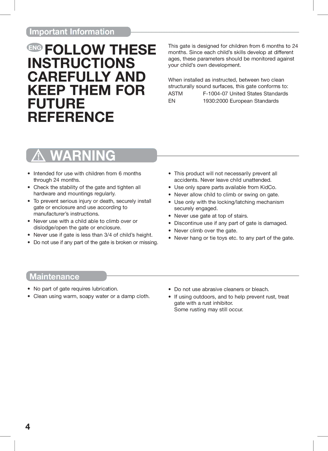 Kidco G15d, G16a manual Important Information, Maintenance 