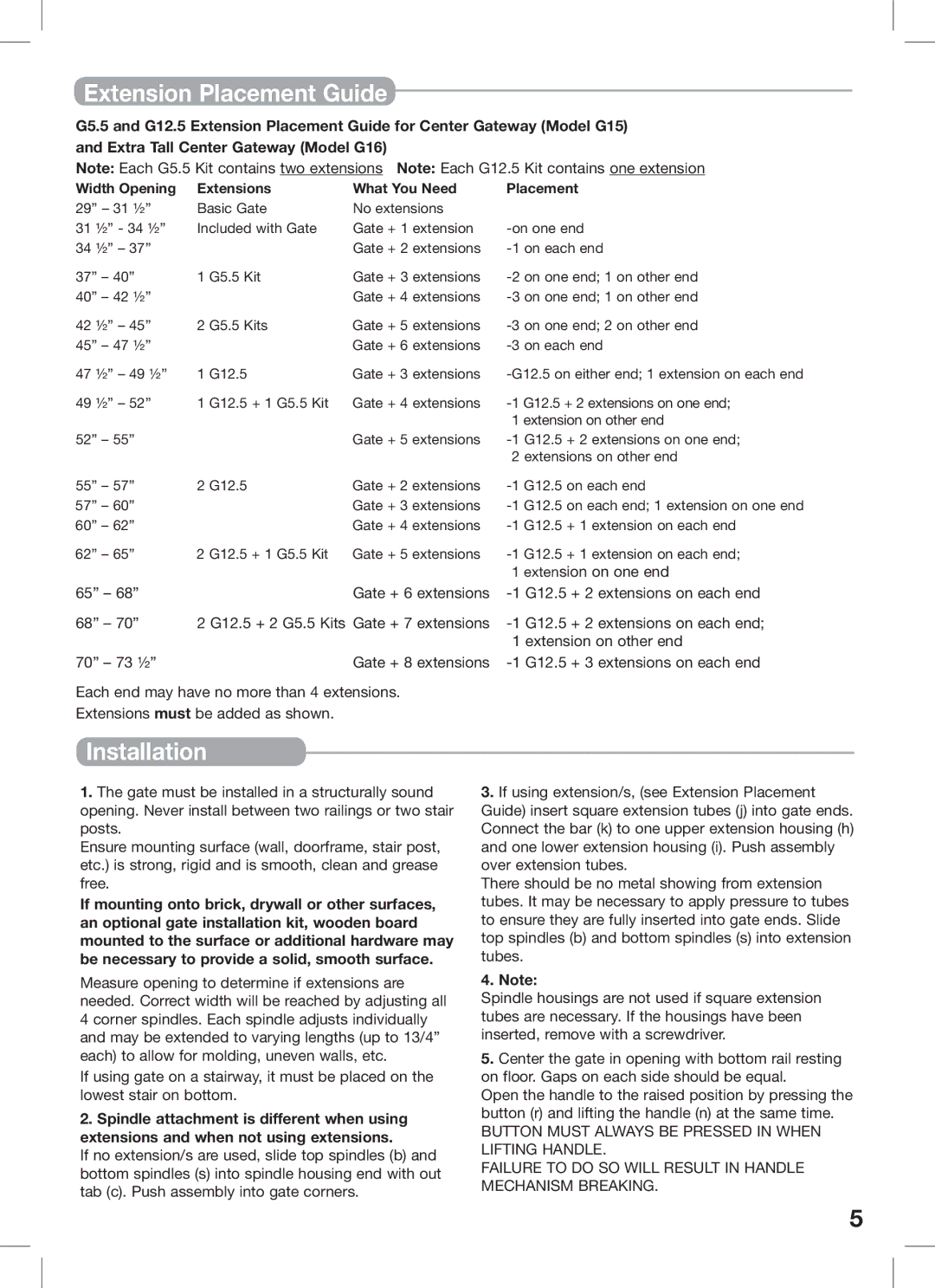 Kidco G16a, G15d manual Extension Placement Guide, Installation 