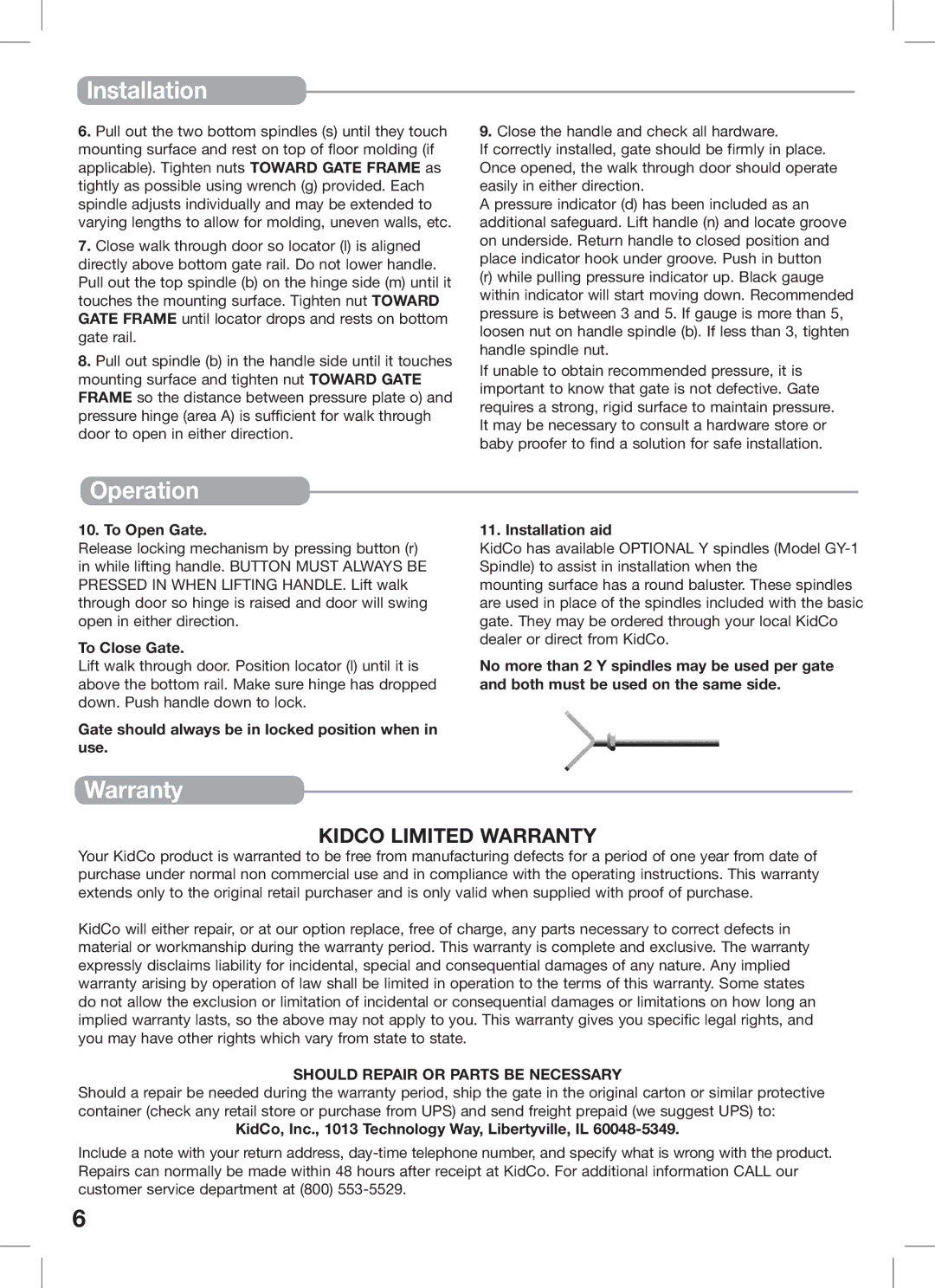 Kidco G15d, G16a manual Operation, Warranty 