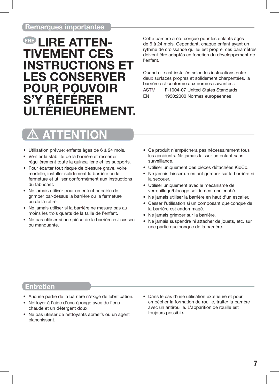 Kidco G16a, G15d manual Remarques importantes, Entretien 