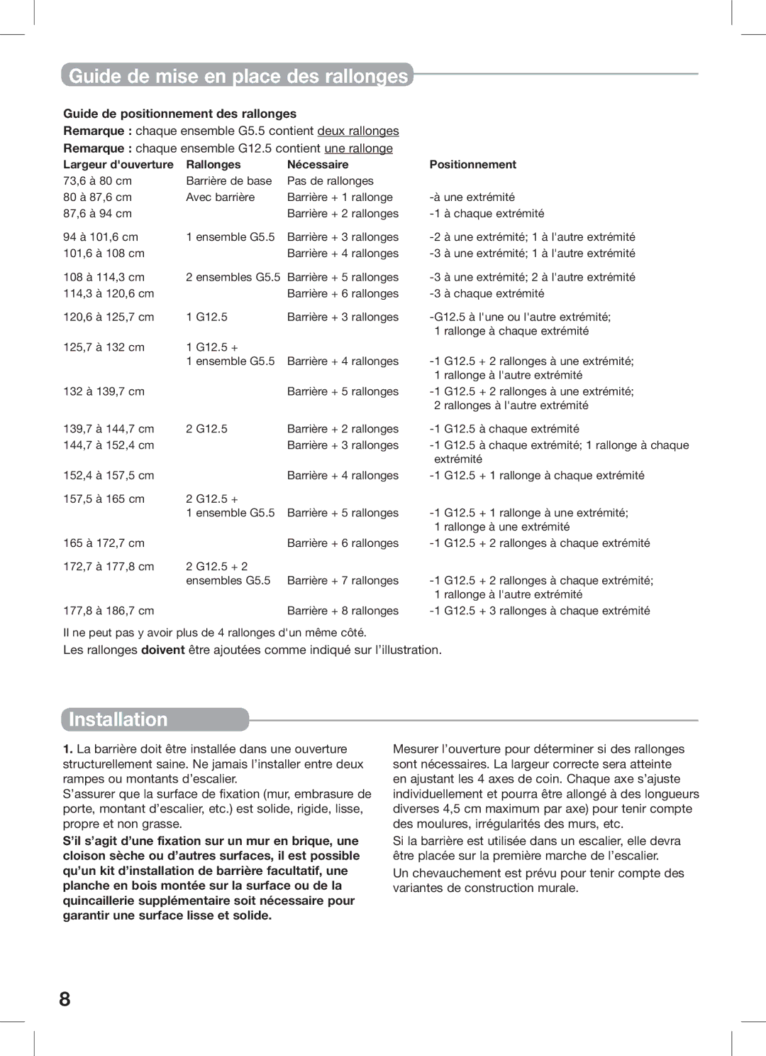 Kidco G15d, G16a manual Guide de mise en place des rallonges, Guide de positionnement des rallonges 