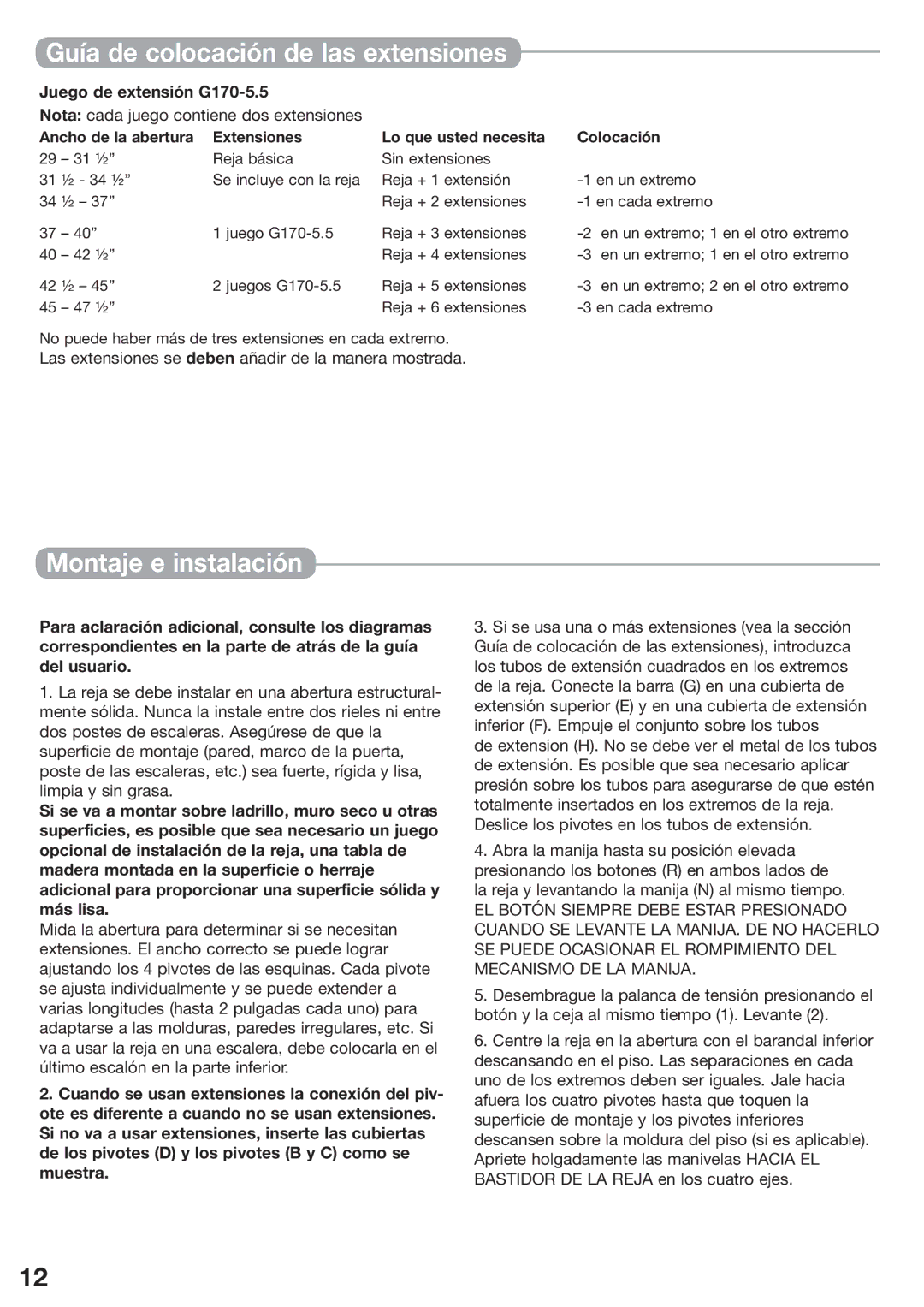 Kidco manual Guía de colocación de las extensiones, Montaje e instalación, Juego de extensión G170-5.5 