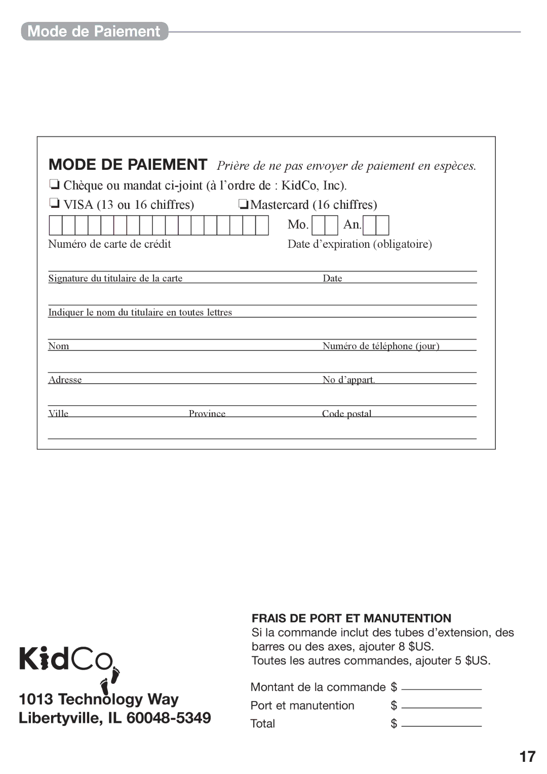 Kidco G170 manual Mode de Paiement, Numéro de carte de crédit Date d’expiration obligatoire 