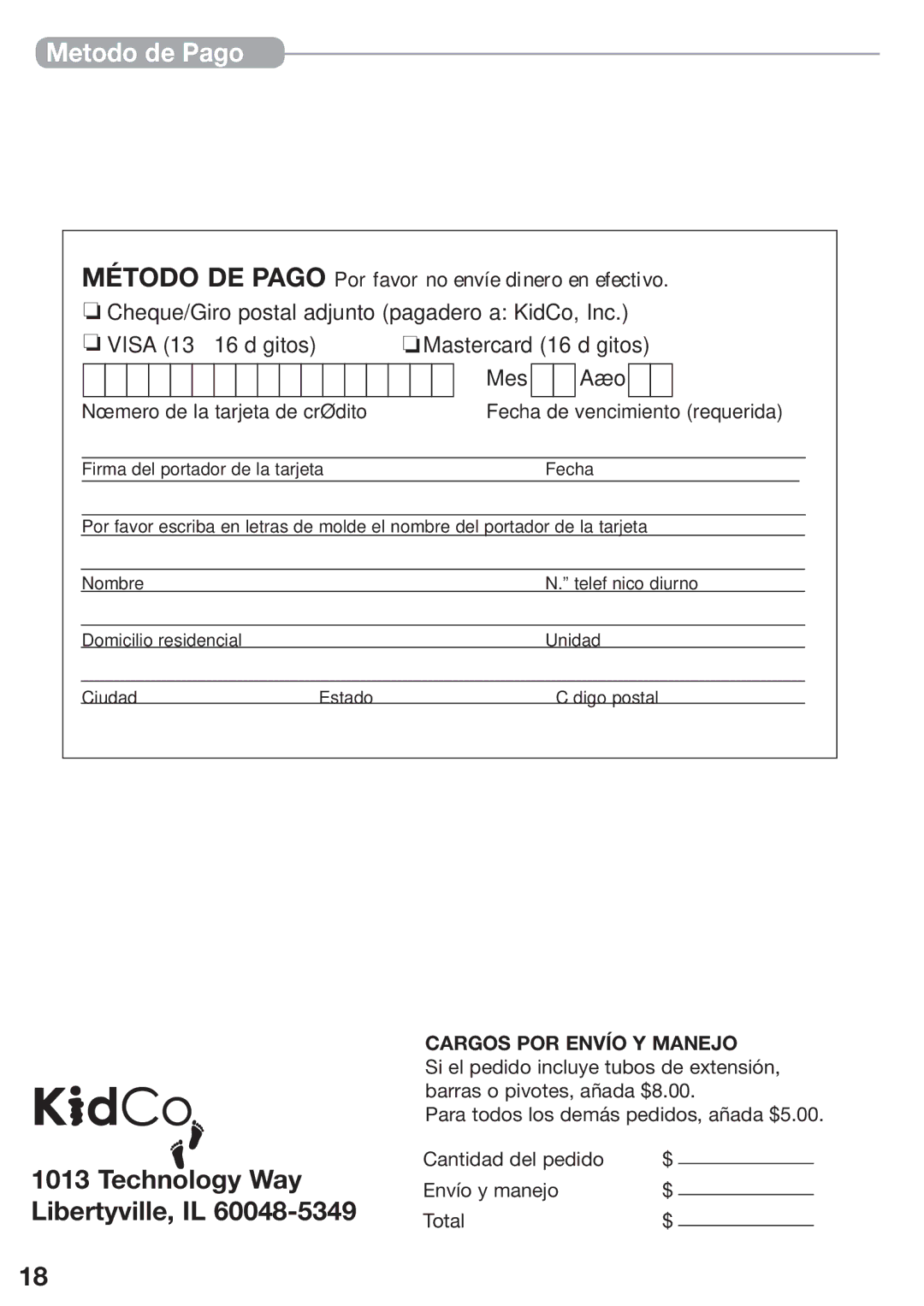 Kidco G170 manual Metodo de Pago, Método DE Pago Por favor no envíe dinero en efectivo 