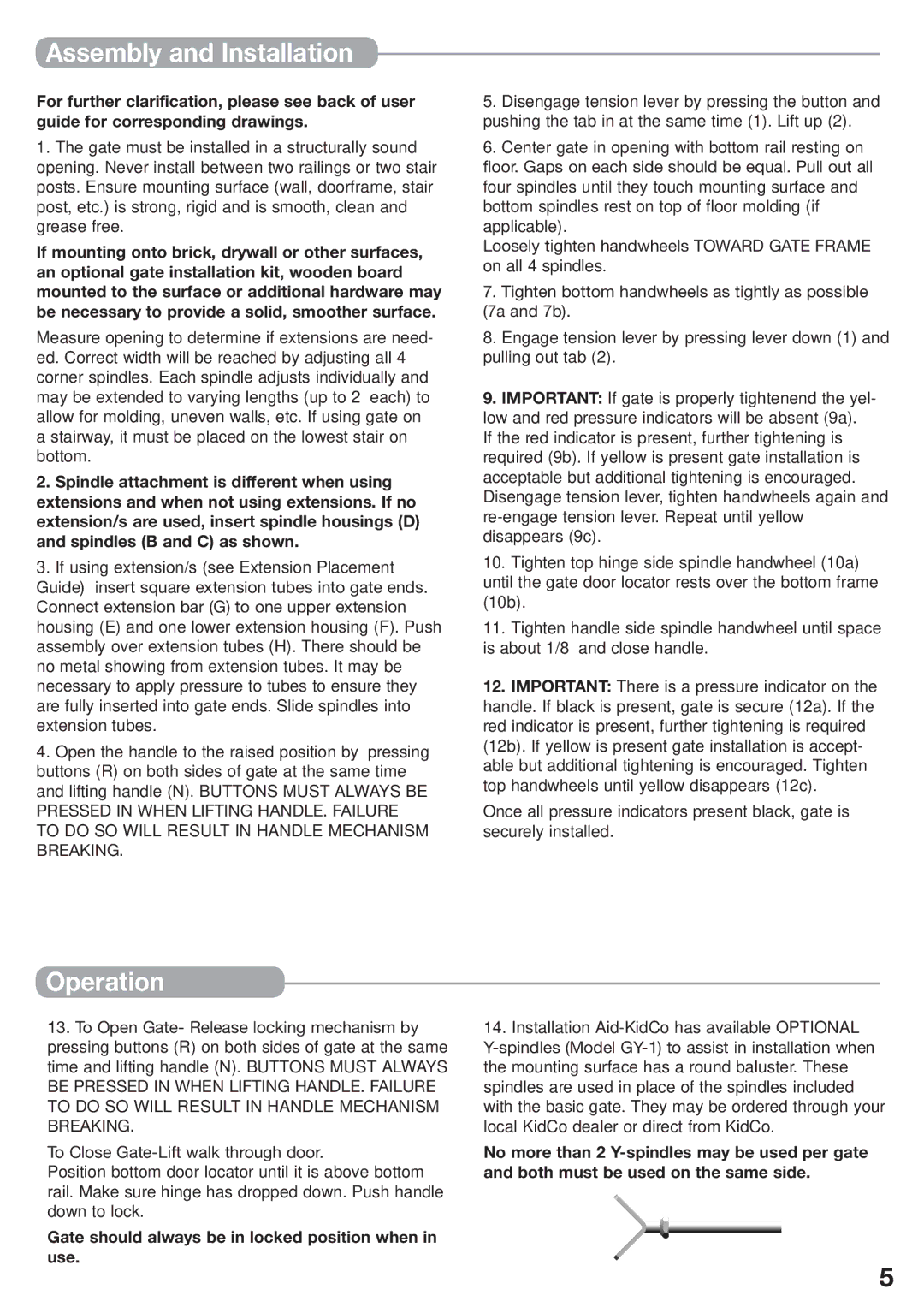 Kidco G170 manual Assembly and Installation, Operation, Gate should always be in locked position when in use 