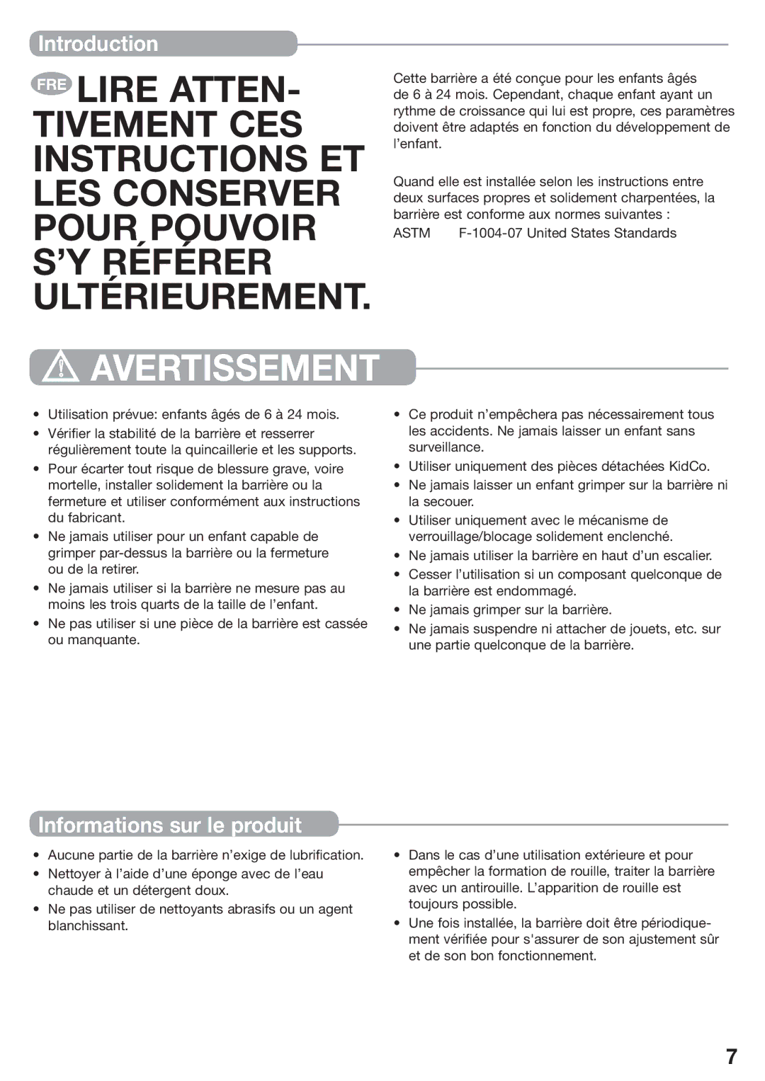 Kidco G170 manual Informations sur le produit, Utilisation prévue enfants âgés de 6 à 24 mois 