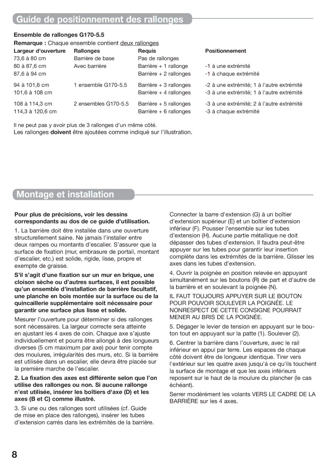 Kidco manual Guide de positionnement des rallonges, Montage et installation, Ensemble de rallonges G170-5.5 