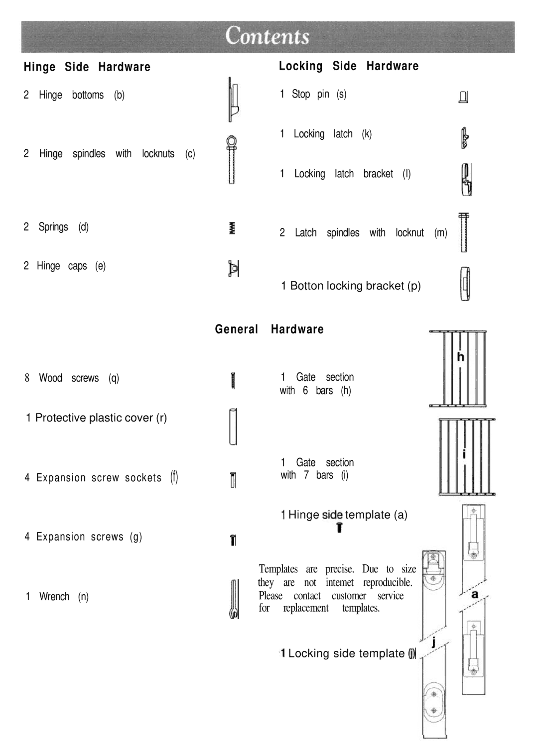 Kidco G20 Bottoms b, Hinge spindles with locknuts c, Bracket, Latch spindles with locknut m, Section, Bars h, With Bars 