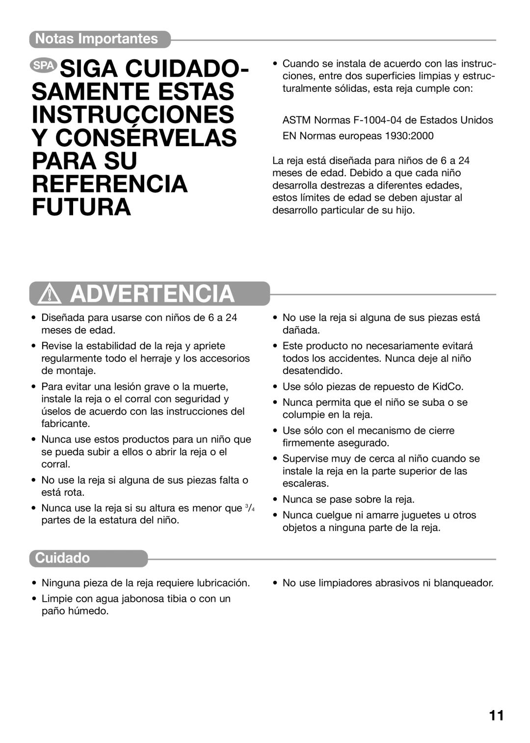 Kidco G22a manual Notas Importantes, Cuidado 