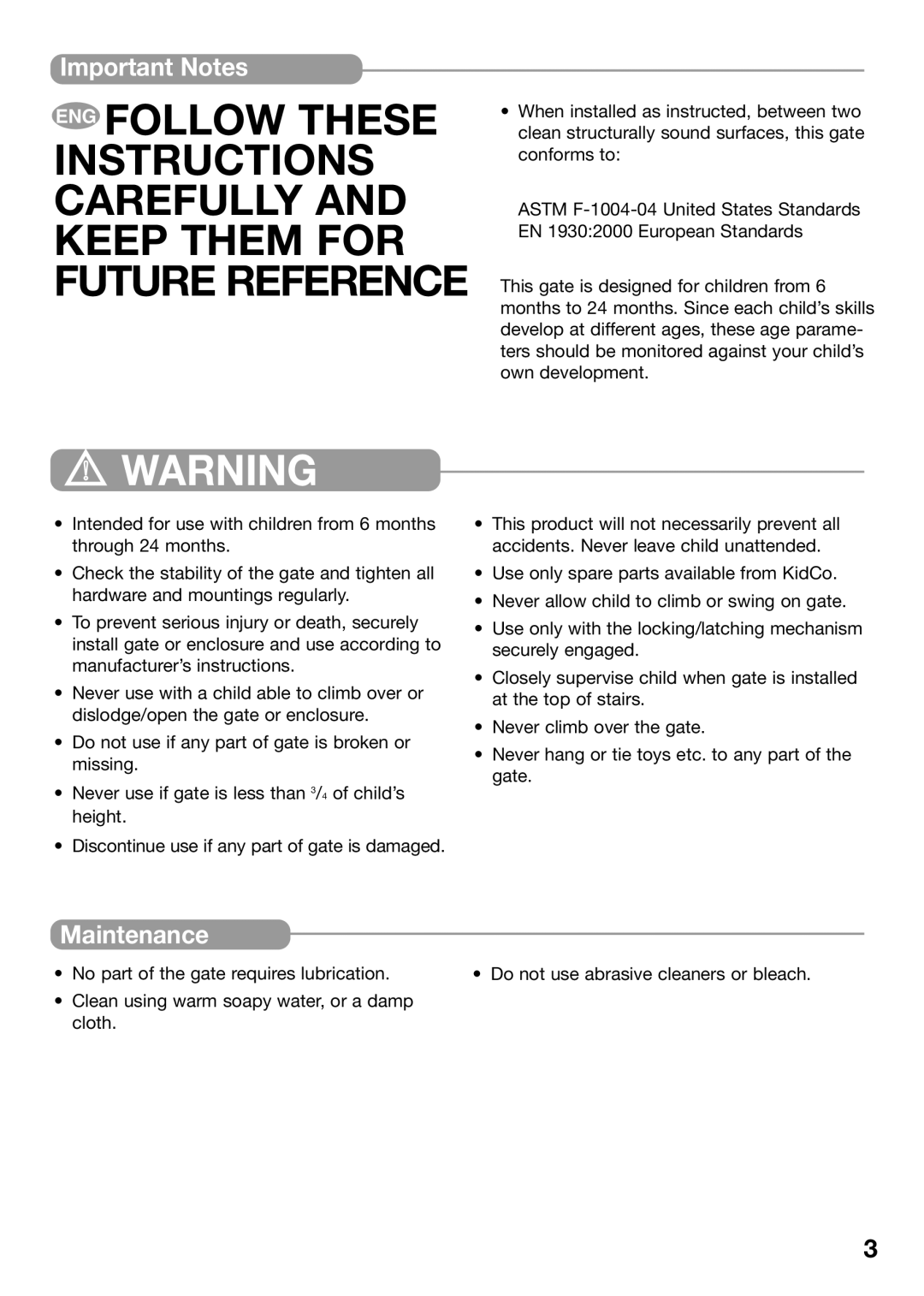 Kidco G22a manual Important Notes, Maintenance 