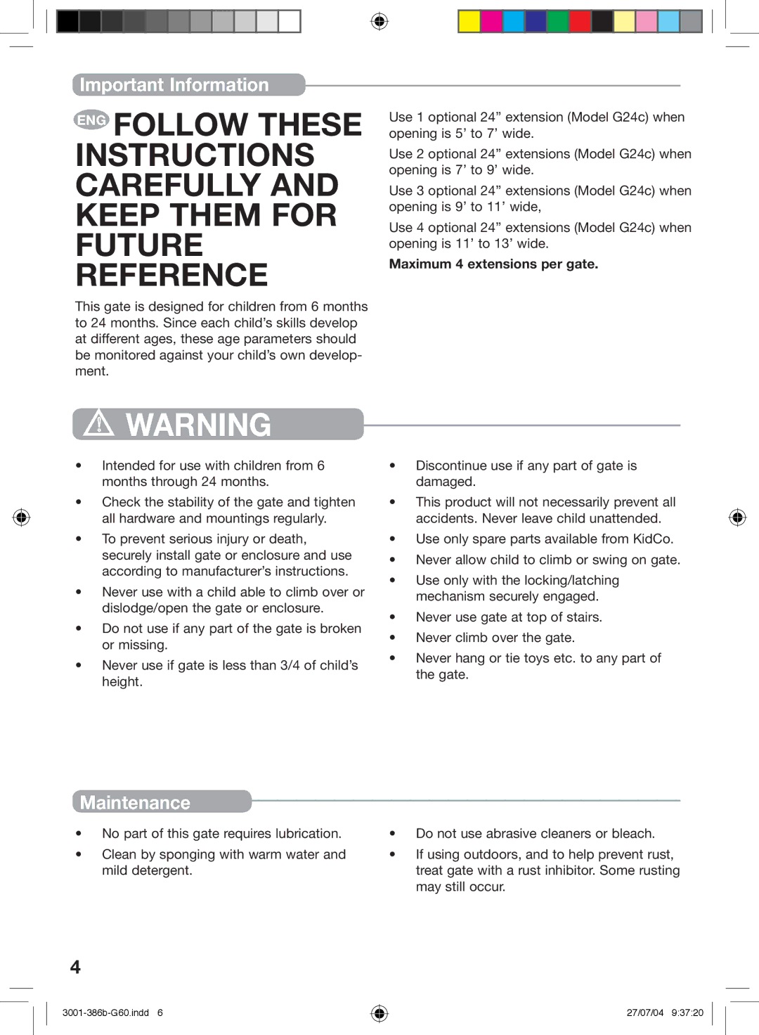 Kidco G60c manual Important Information, Maintenance 