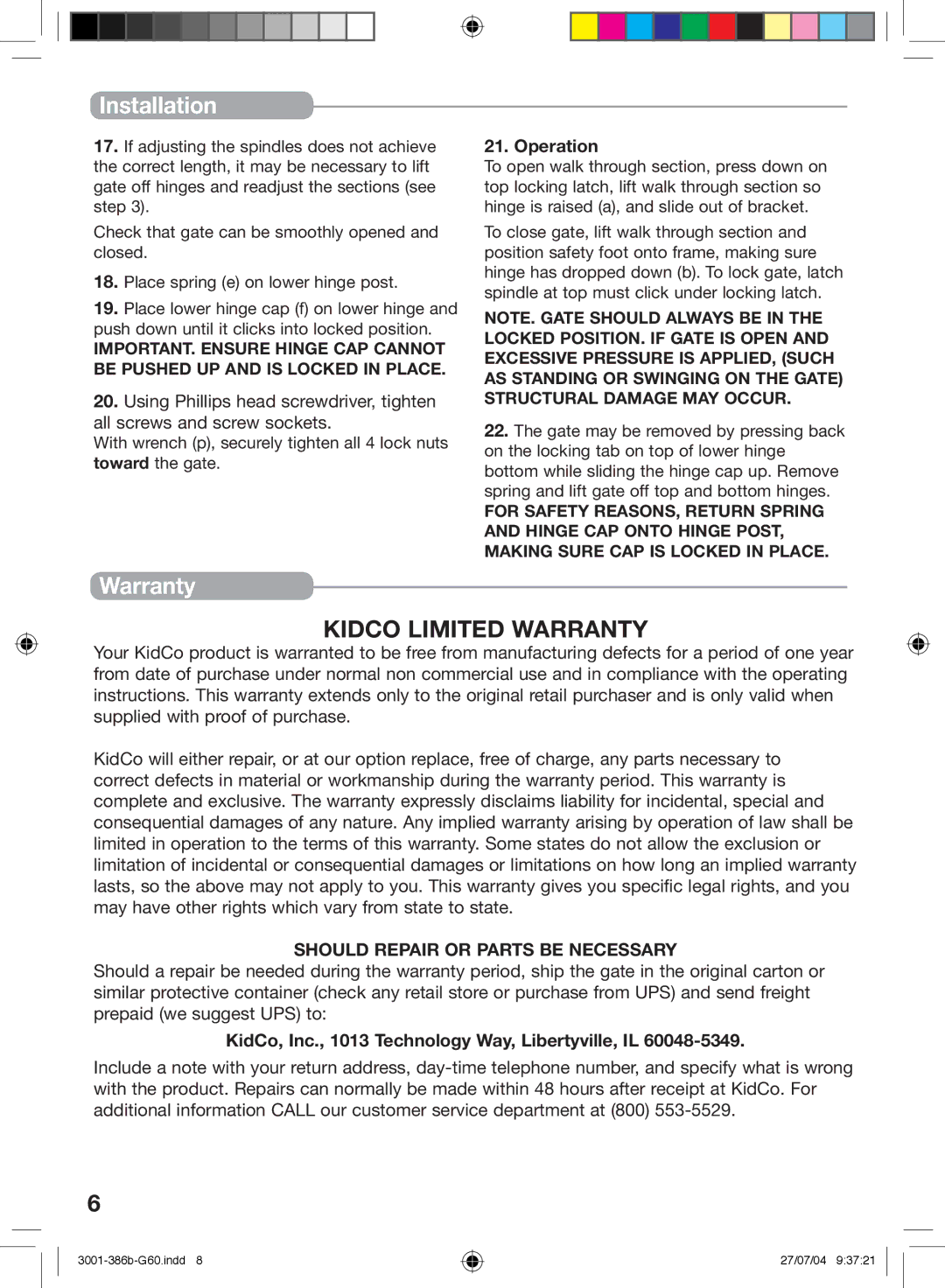 Kidco G60c manual Warranty, Operation, KidCo, Inc., 1013 Technology Way, Libertyville, IL 