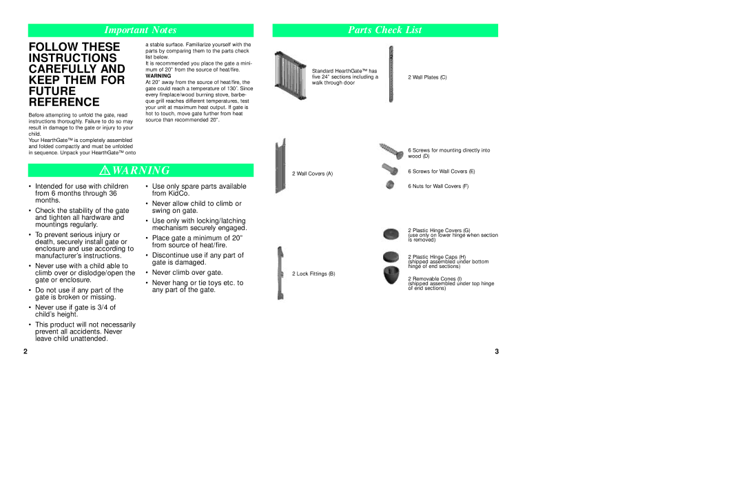 Kidco G70 manual Important Notes Parts Check List 