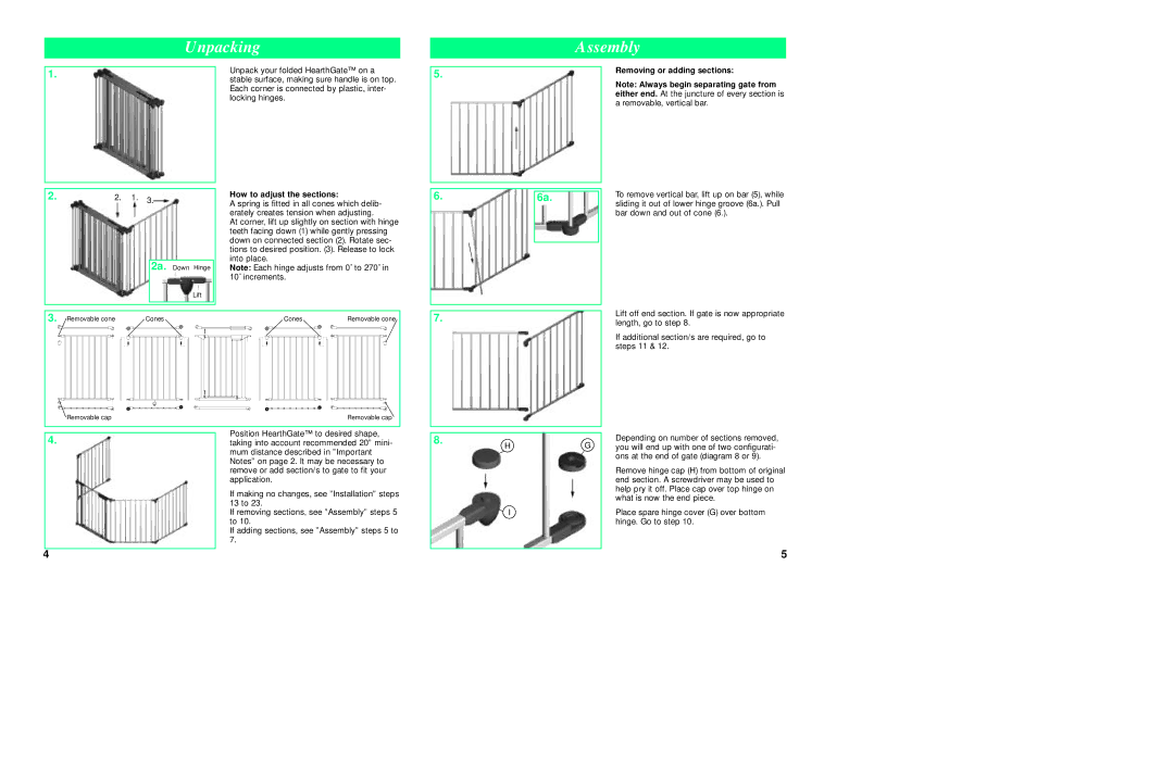 Kidco G70 manual Unpacking Assembly, How to adjust the sections, Removing or adding sections 