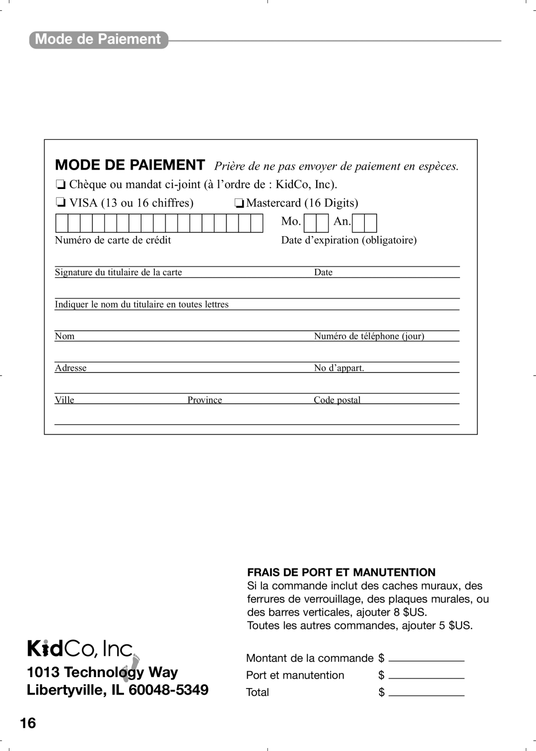 Kidco G70d manual Mode de Paiement, Frais DE Port ET Manutention 