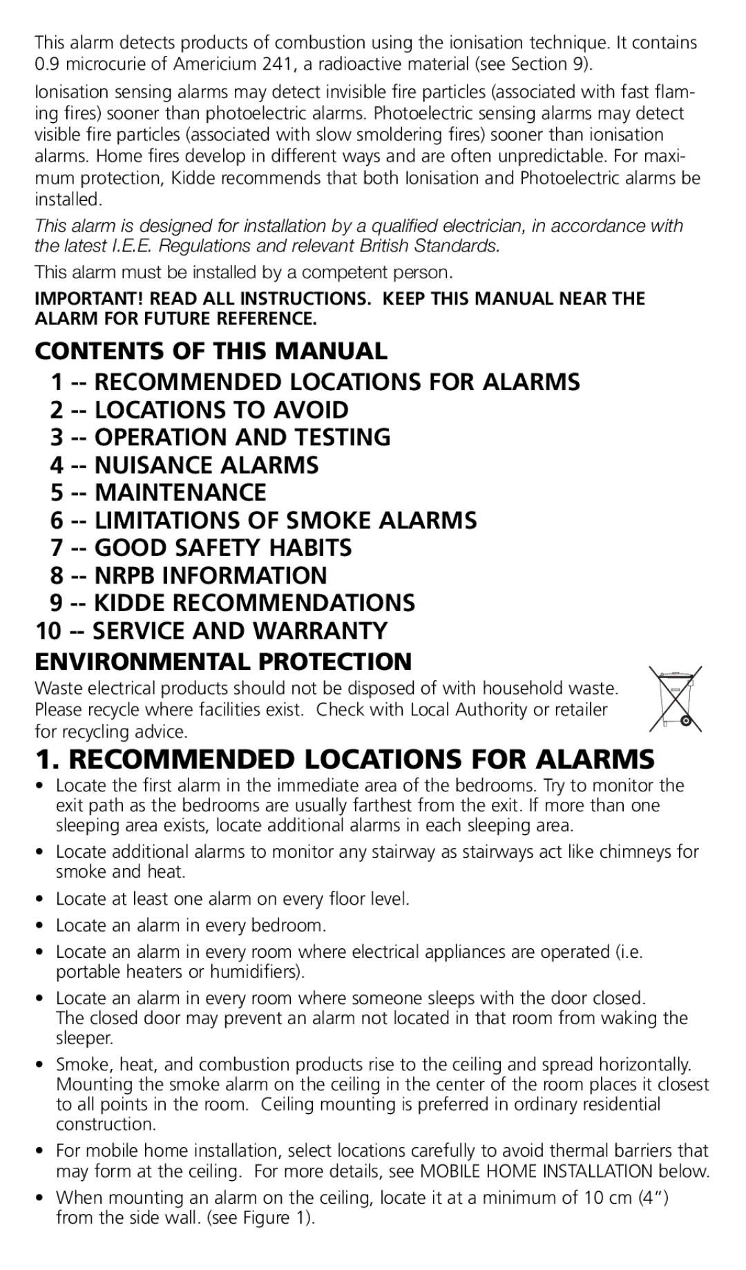 Kidde 0910UK manual Recommended Locations for Alarms 