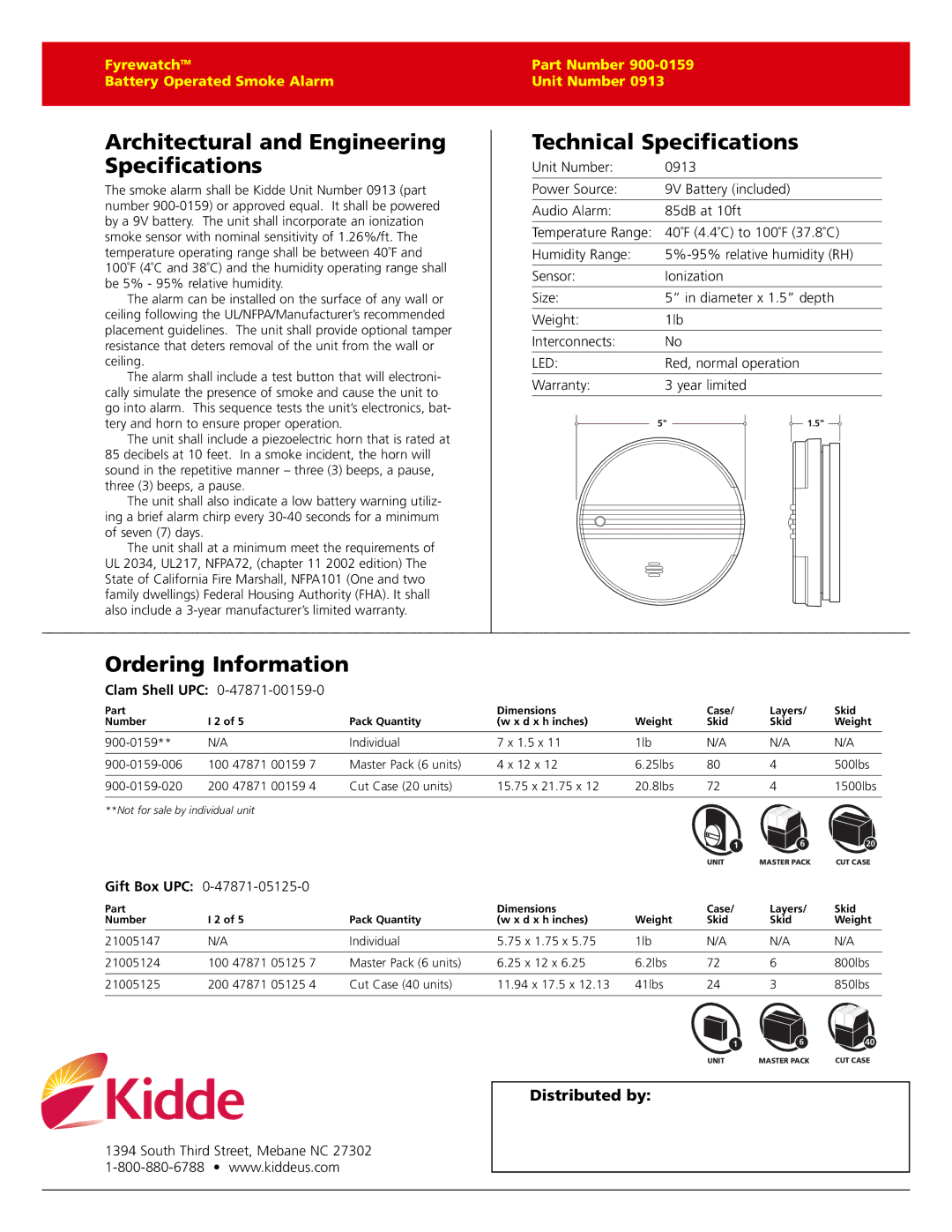 Kidde 0913 Architectural and Engineering Specifications, Technical Specifications, Ordering Information, Clam Shell UPC 