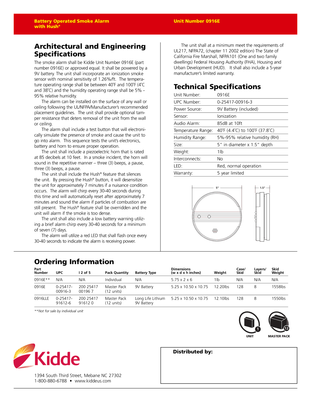 Kidde 0916E manual Architectural and Engineering Specifications, Technical Specifications, Ordering Information 