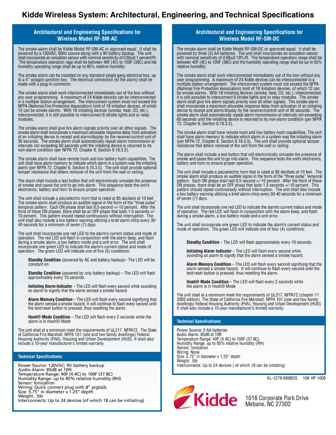 Kidde 0919-9999 dimensions Technical Specifications 