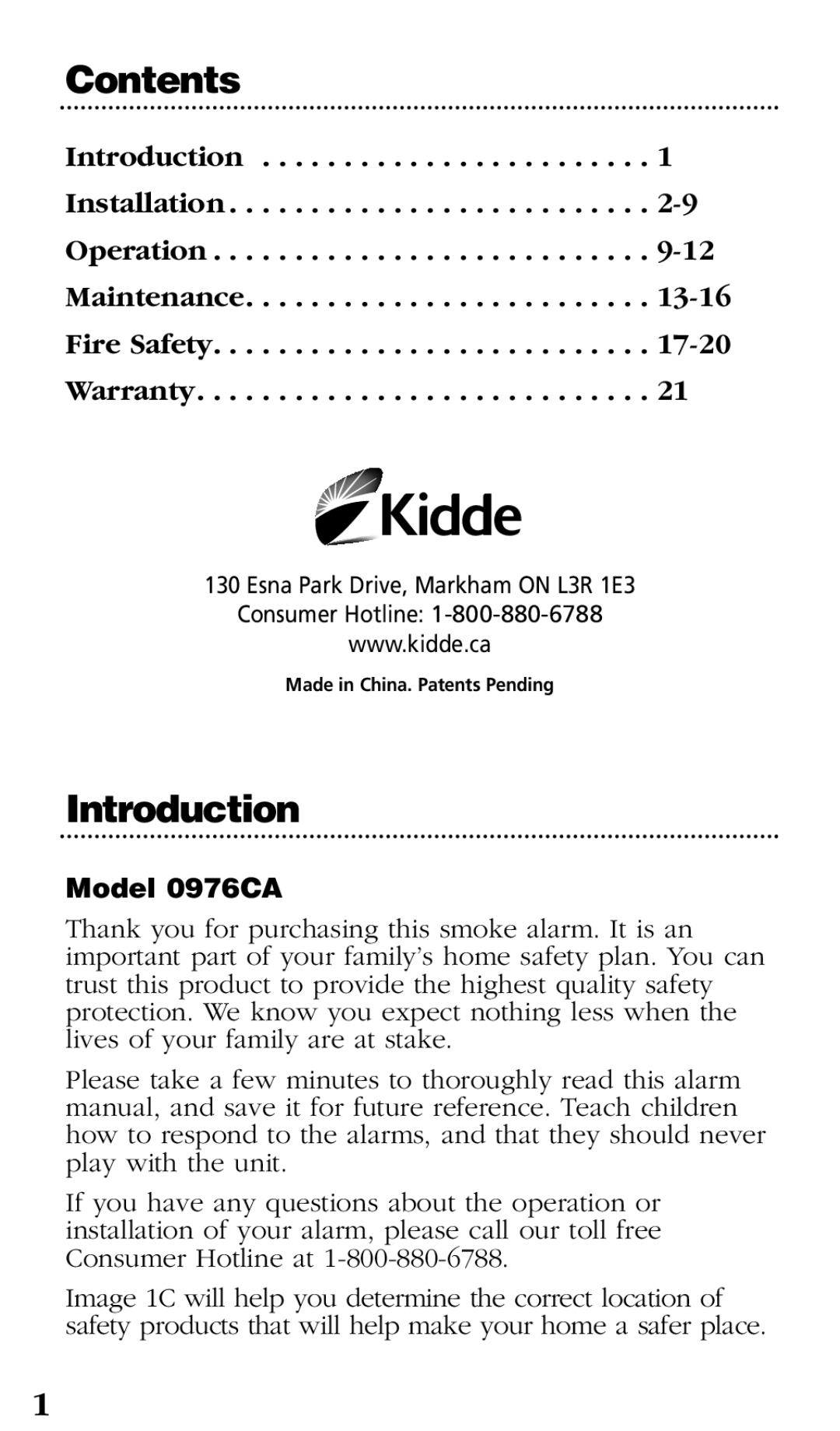 Kidde 0976CA manual Contents, Introduction 