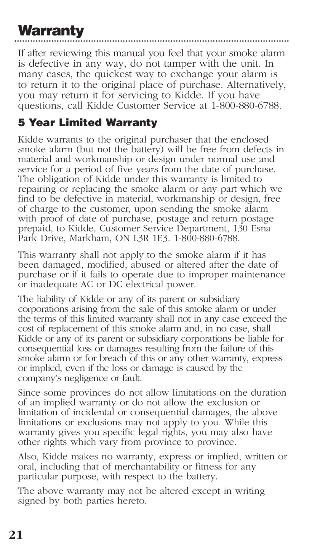 Kidde 0976CA manual Year Limited Warranty 