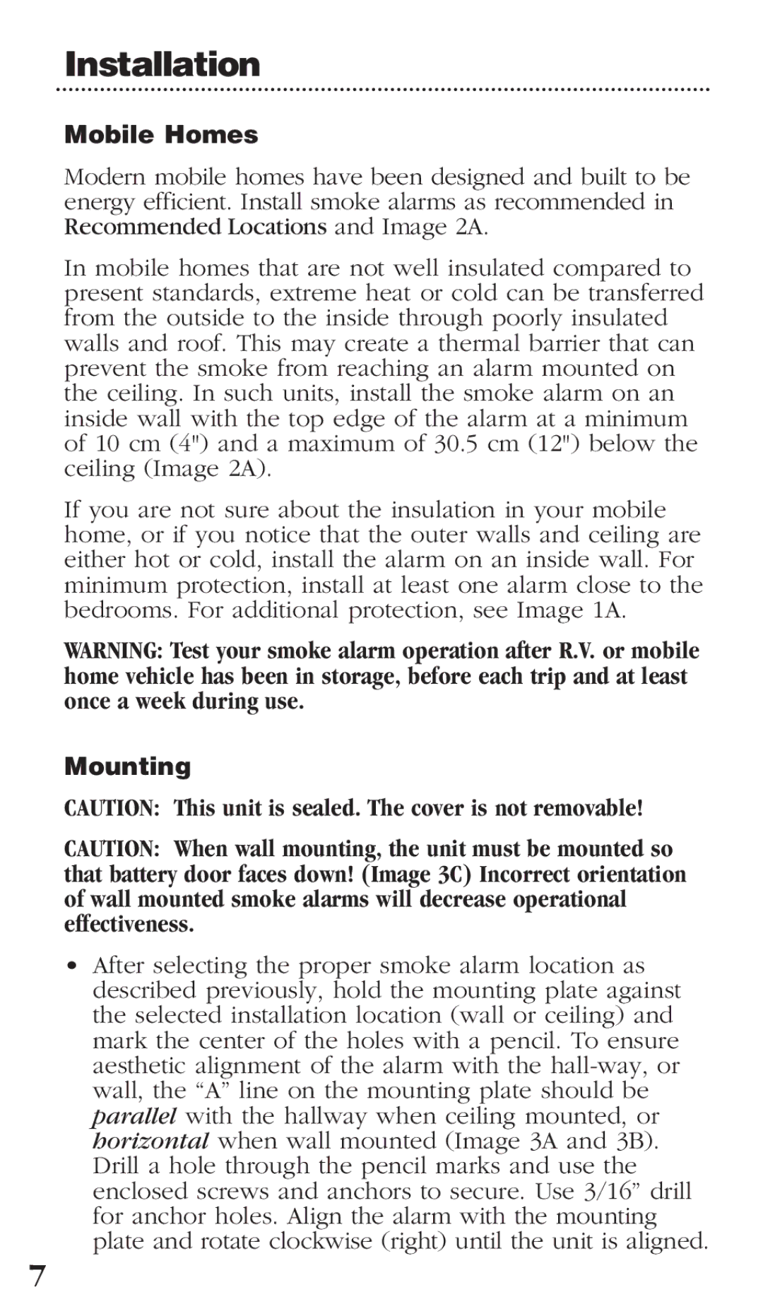 Kidde 0976CA manual Mobile Homes, Mounting 