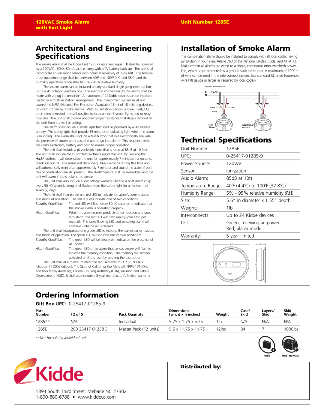 Kidde 120VAC warranty Architectural and Engineering Specifications, Installation of Smoke Alarm, Technical Specifications 