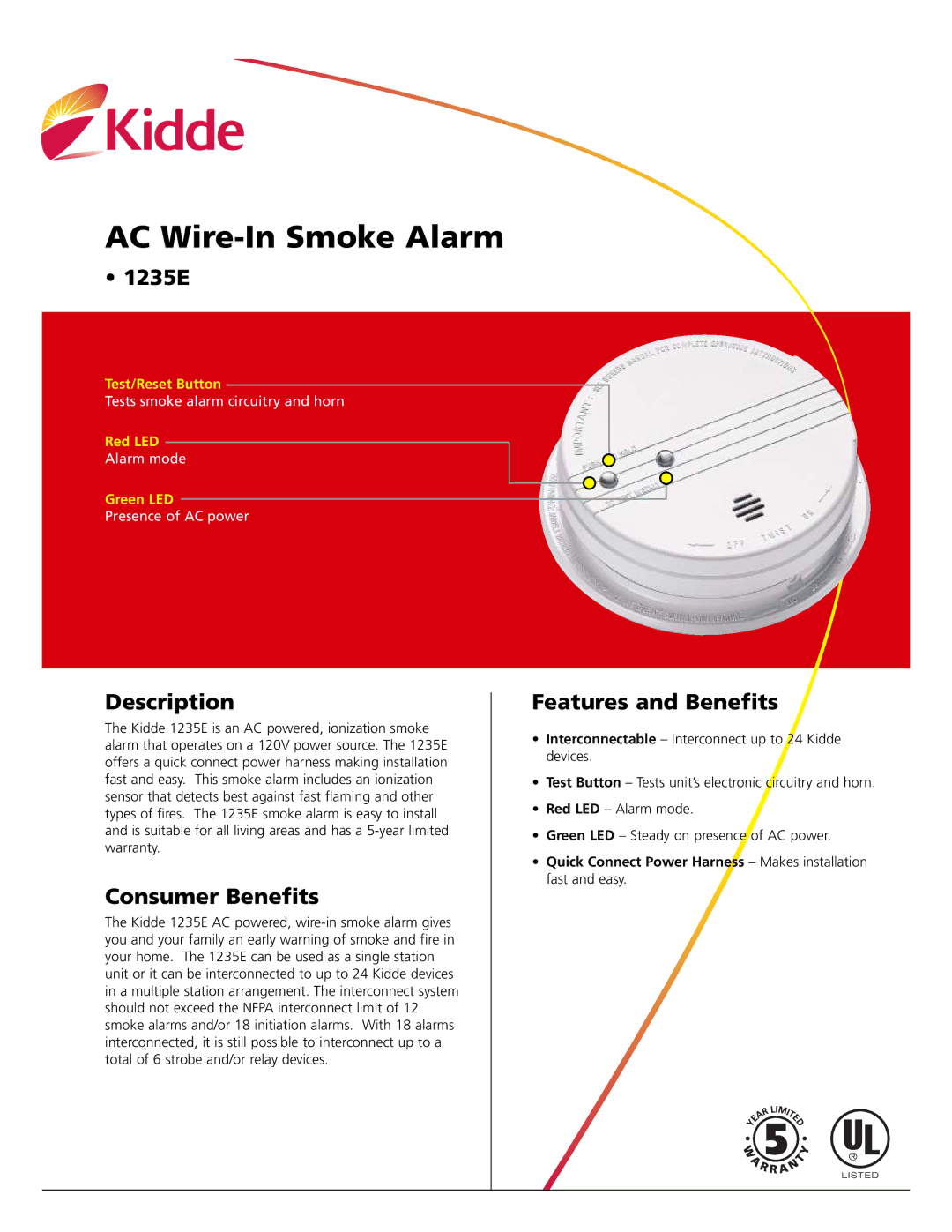 Kidde 1235E warranty Description, Consumer Benefits, Features and Benefits 