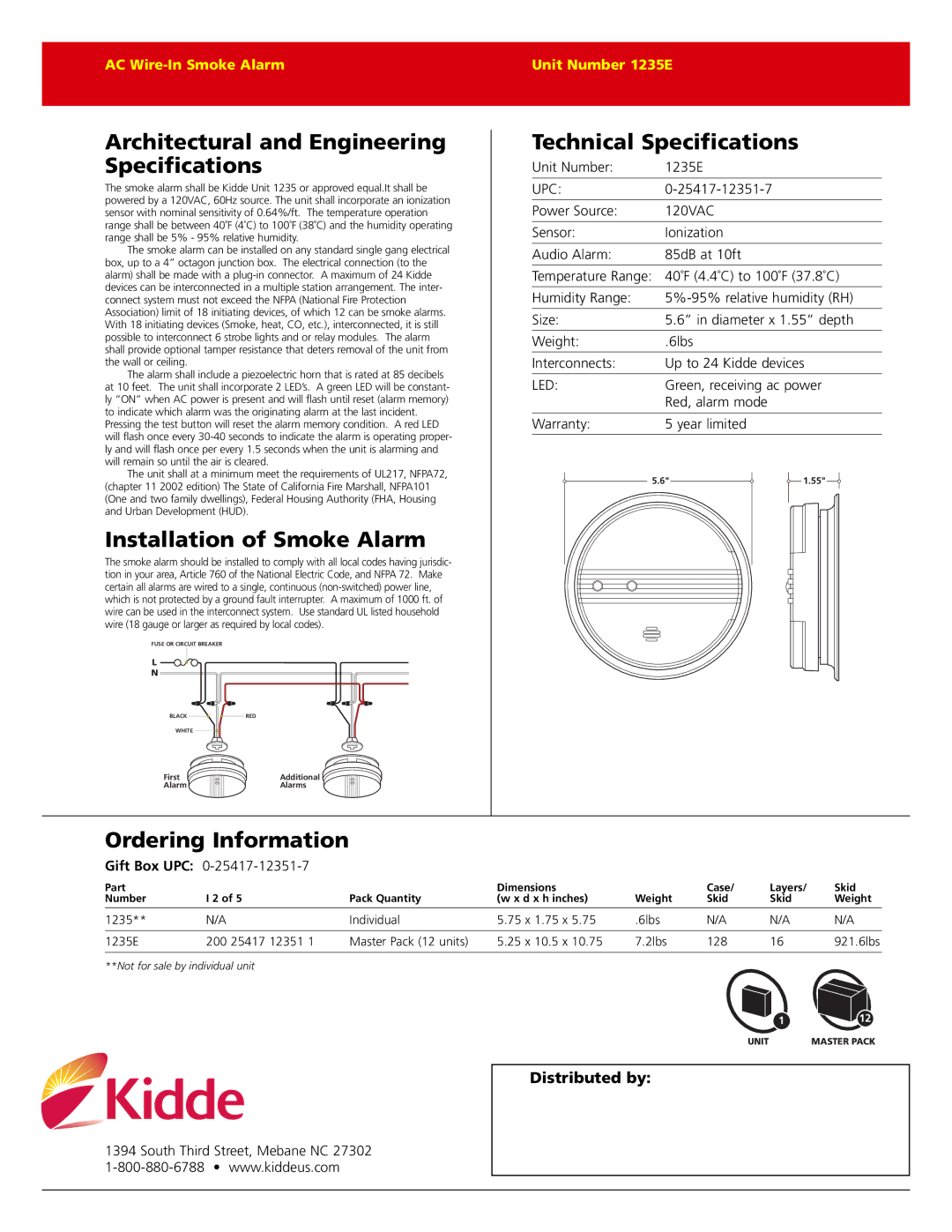 Kidde 1235E warranty Architectural and Engineering Specifications, Installation of Smoke Alarm, Technical Specifications 