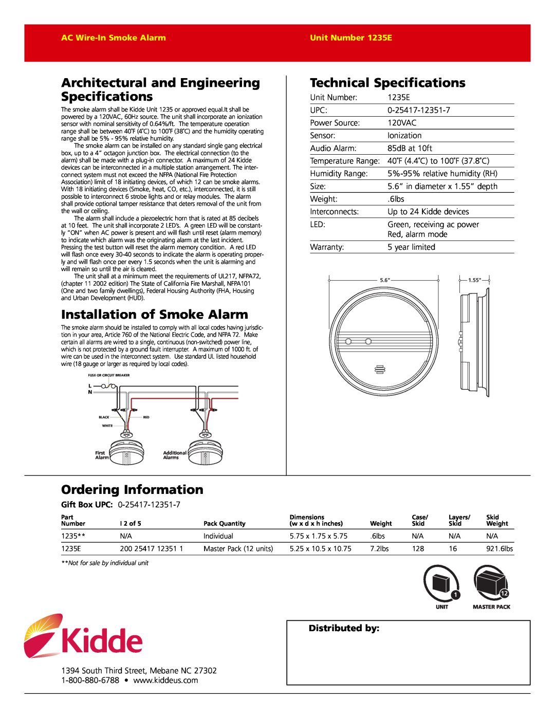 Kidde 1235E warranty Architectural and Engineering Specifications, Installation of Smoke Alarm, Technical Specifications 