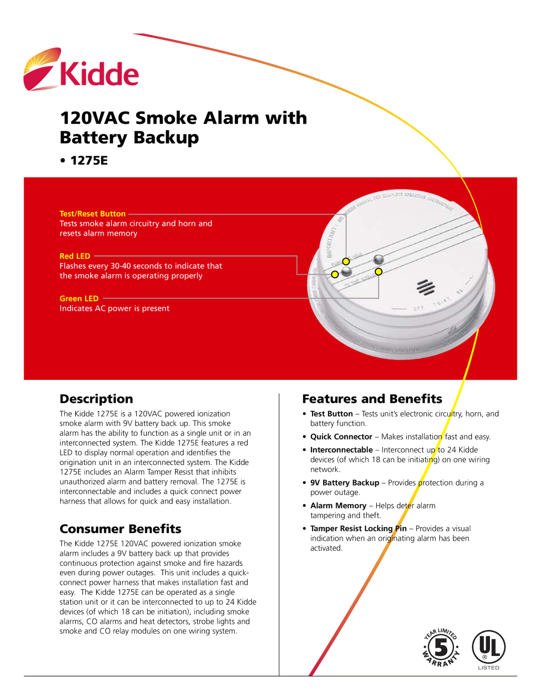 Kidde 1275E manual Description, Consumer Benefits, Features and Benefits 