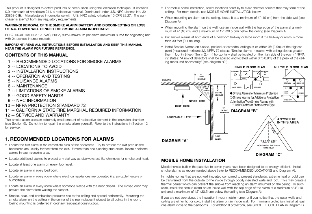 Kidde 1275H manual Recommended Locations for Alarms, Contents of this Manual, Mobile Home Installation 