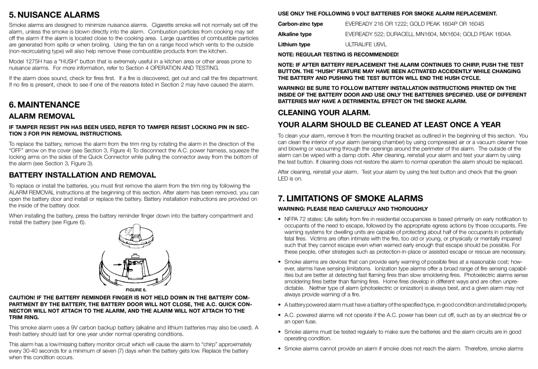 Kidde 1275H Nuisance Alarms, Maintenance, Limitations of Smoke Alarms, Alarm Removal, Battery Installation and Removal 