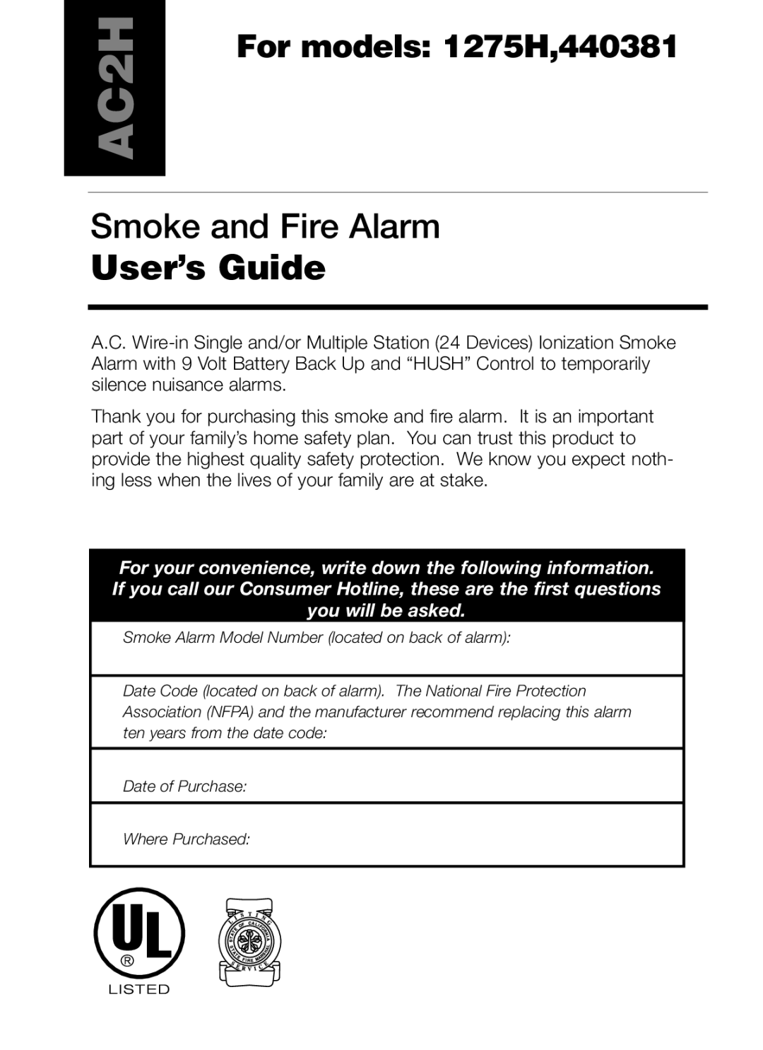 Kidde manual AC2H, Smoke and Fire Alarm, User’s Guide, For models 1275H,440381 
